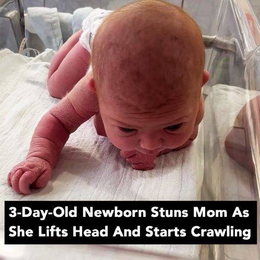 Newborn baby crawls across the hospital cot